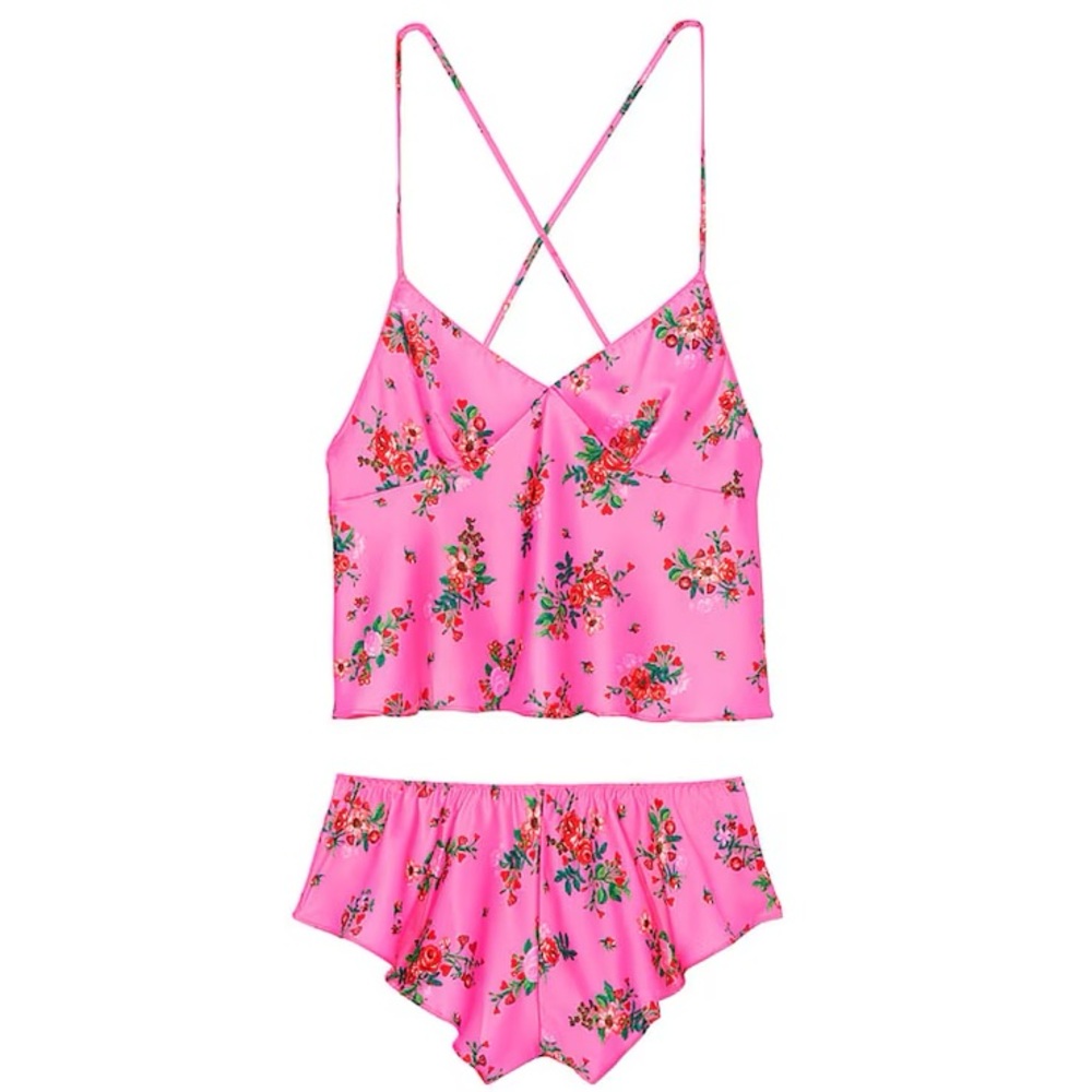 Victoria Secret Satin Open-Back Cami & Shorts Floral Pink Sleep Set